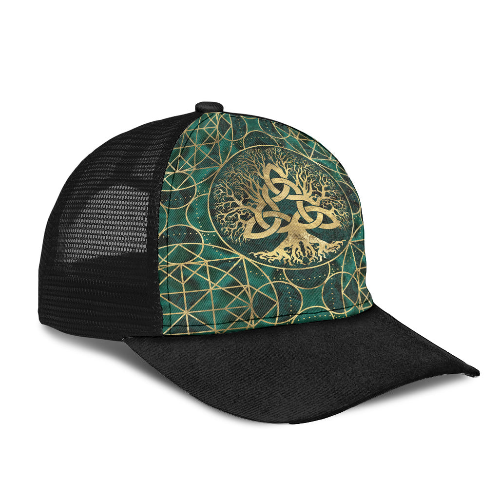 Viking Mesh Back Cap Tree Of Life With Triquetra Malachite And Gold