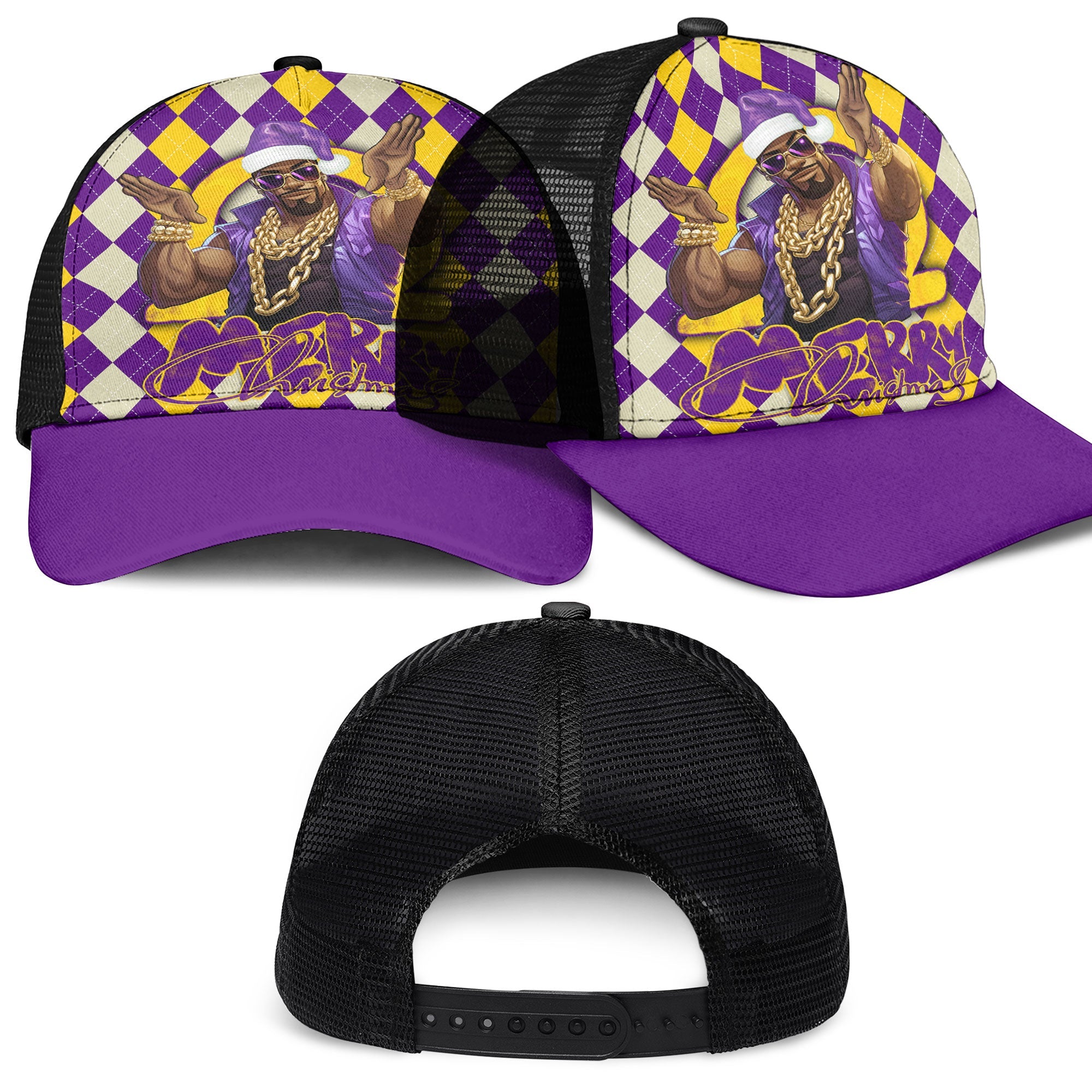 Fraternity Cap - OPP Christmas Mesh Back Cap Bulldog Purple Gold Caro Pattern Style