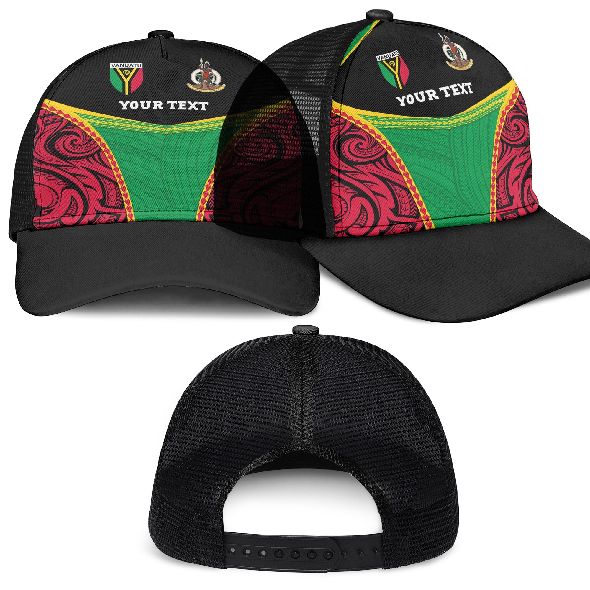 Vanuatu Flag & Coat Of Arms Mesh Back Cap Black Style