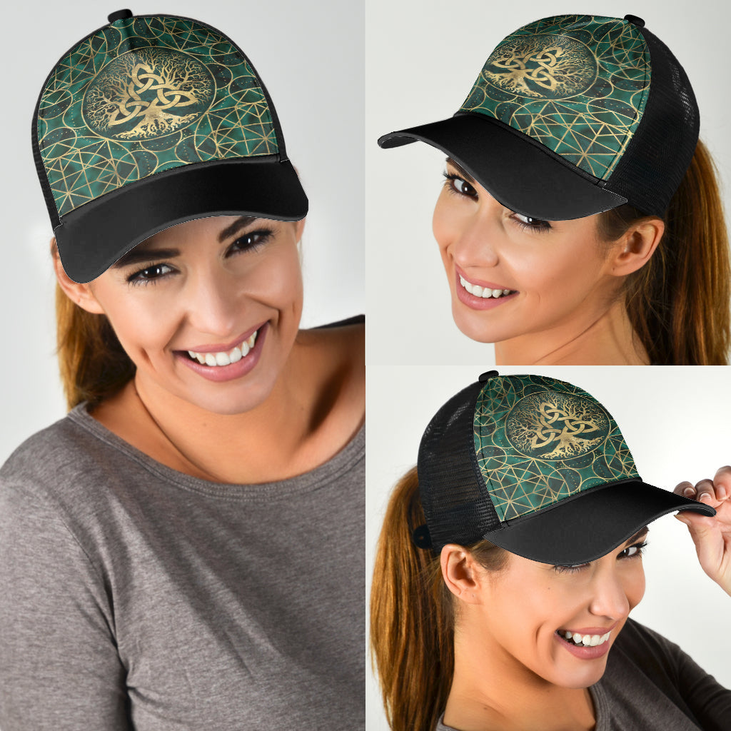 Viking Mesh Back Cap Tree Of Life With Triquetra Malachite And Gold