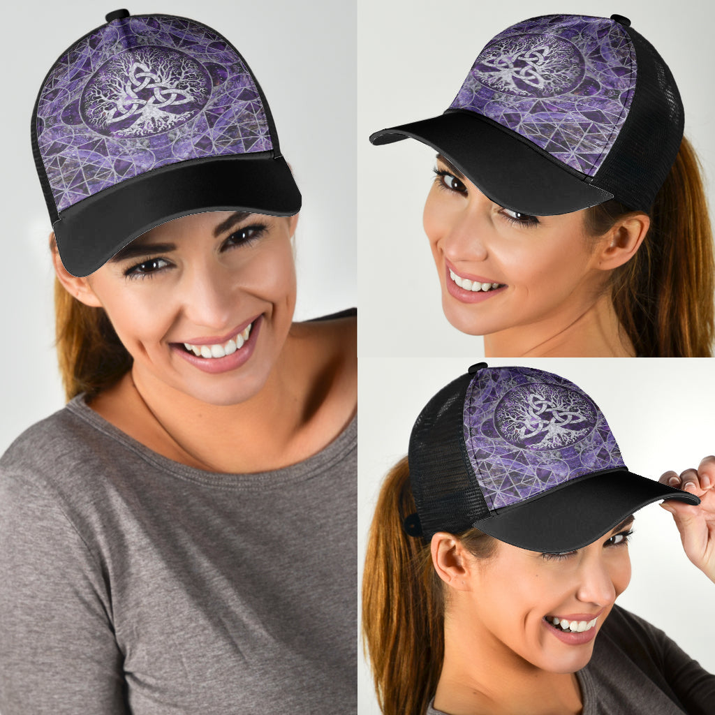 Viking Mesh Back Cap Tree Of Life With Triquetra Amethyst And Silver