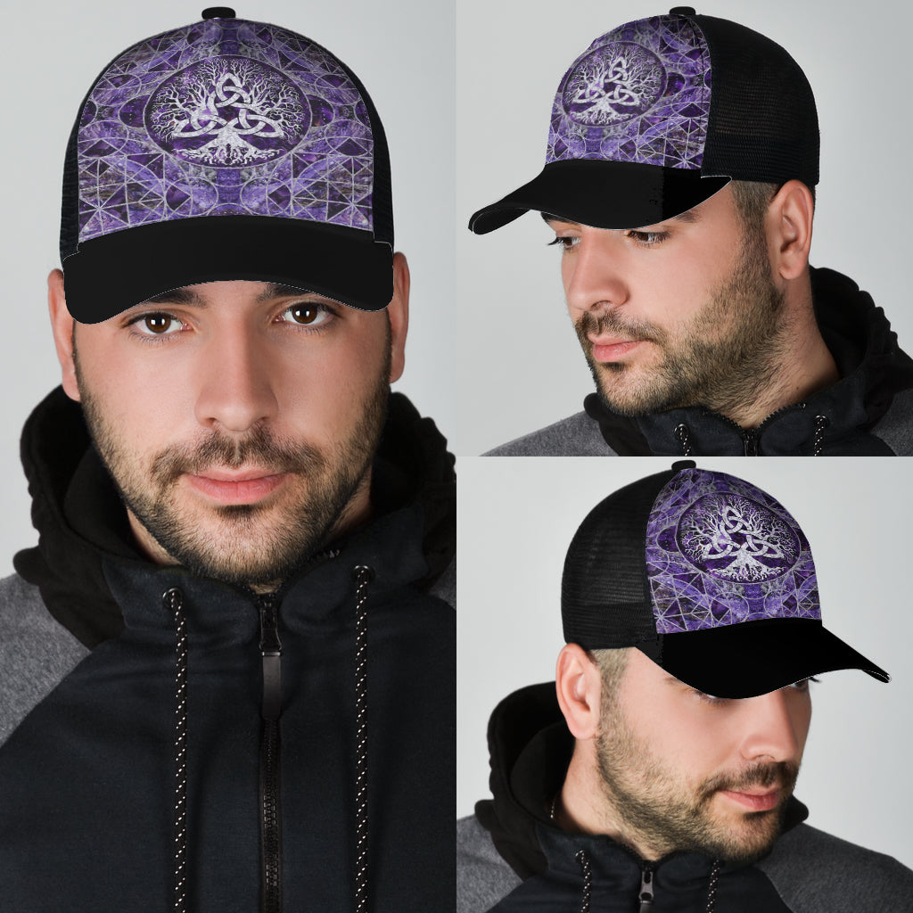 Viking Mesh Back Cap Tree Of Life With Triquetra Amethyst And Silver