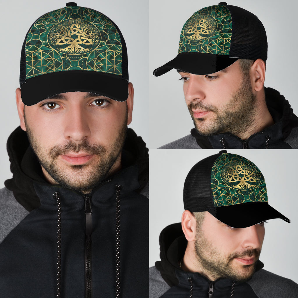 Viking Mesh Back Cap Tree Of Life With Triquetra Malachite And Gold