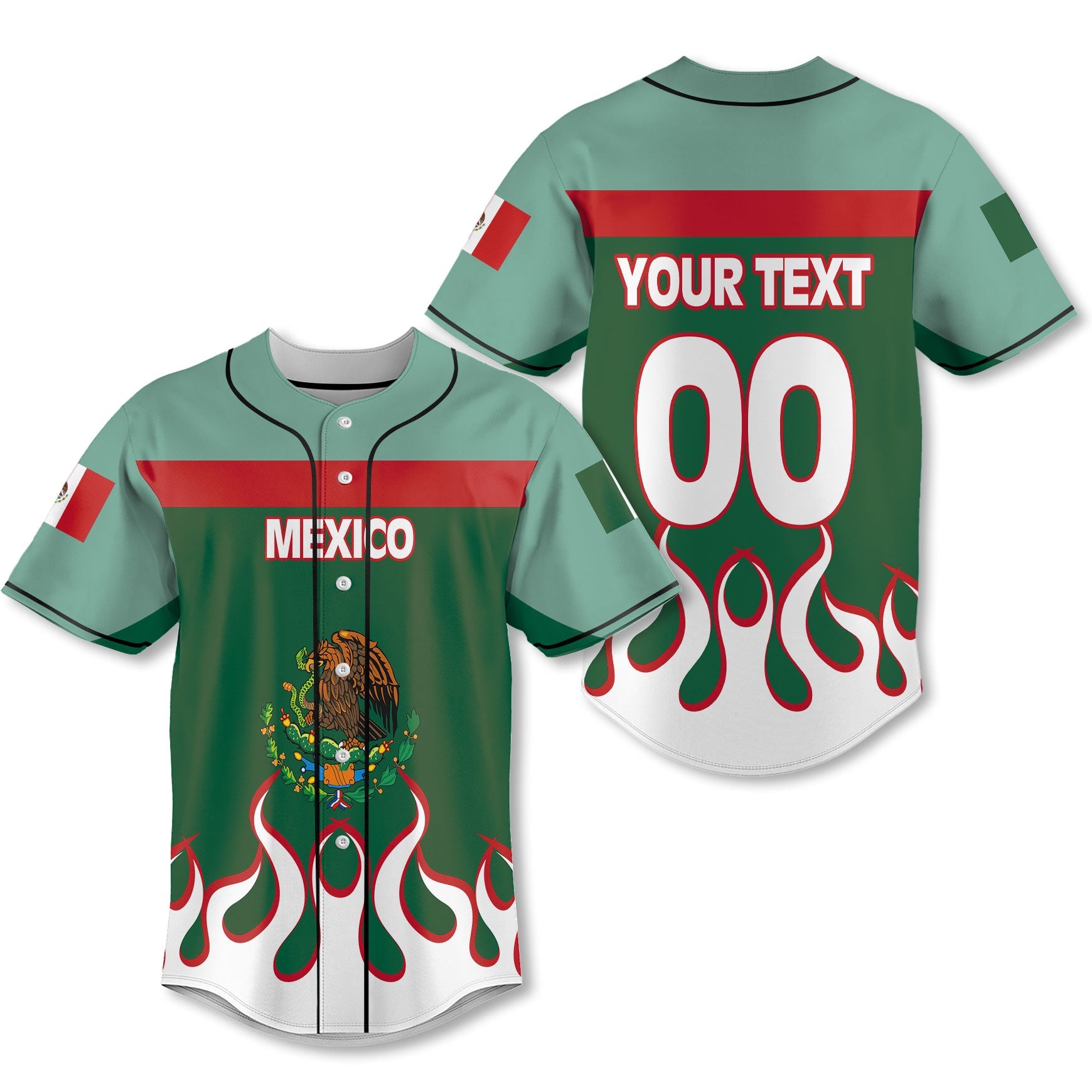 Mexico Baseball Jersey Flag & Coat Of Arms Fire Hockey Style