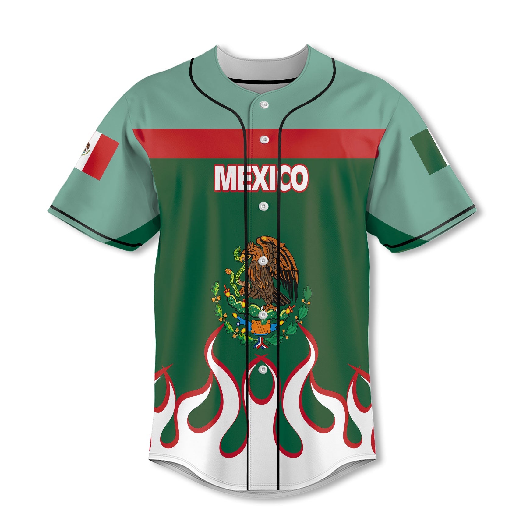 Mexico Baseball Jersey Flag & Coat Of Arms Fire Hockey Style