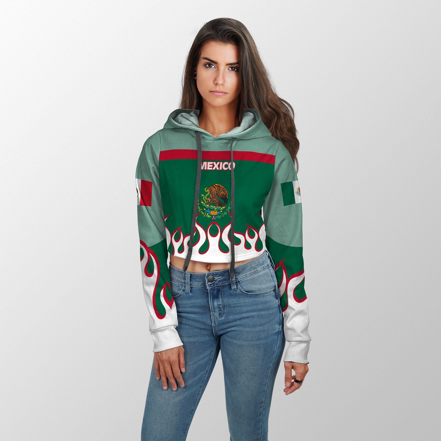 Mexico Crop Hoodie Flag & Coat Of Arms Fire Hockey Style