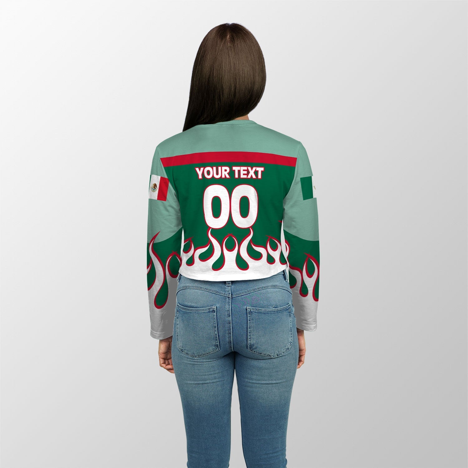 Mexico Crop Top Long TShirt Flag & Coat Of Arms Fire Hockey Style