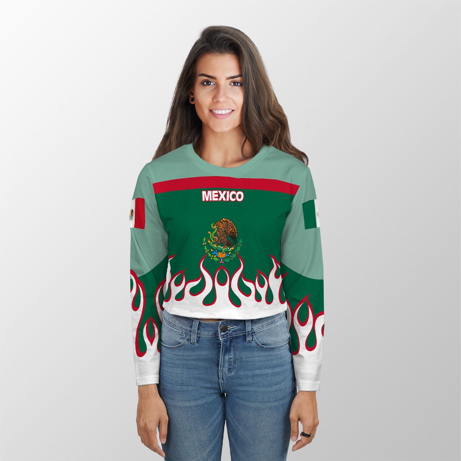 Mexico Crop Top Long TShirt Flag & Coat Of Arms Fire Hockey Style