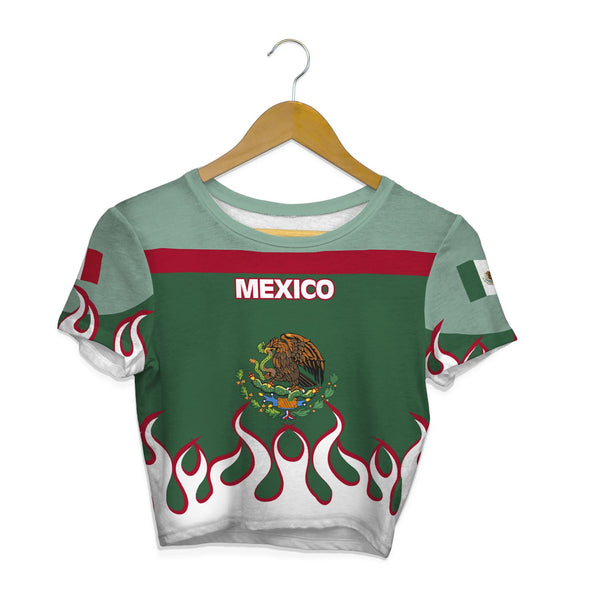 Mexico Crop Top T Shirt Flag & Coat Of Arms Fire Hockey Style