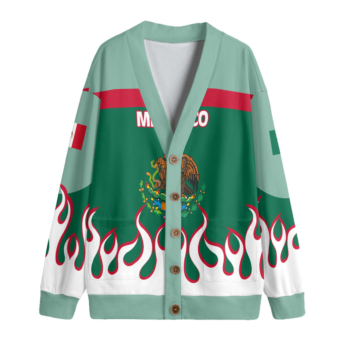 Mexico Fleece Cardigan Flag & Coat Of Arms Fire Hockey Style