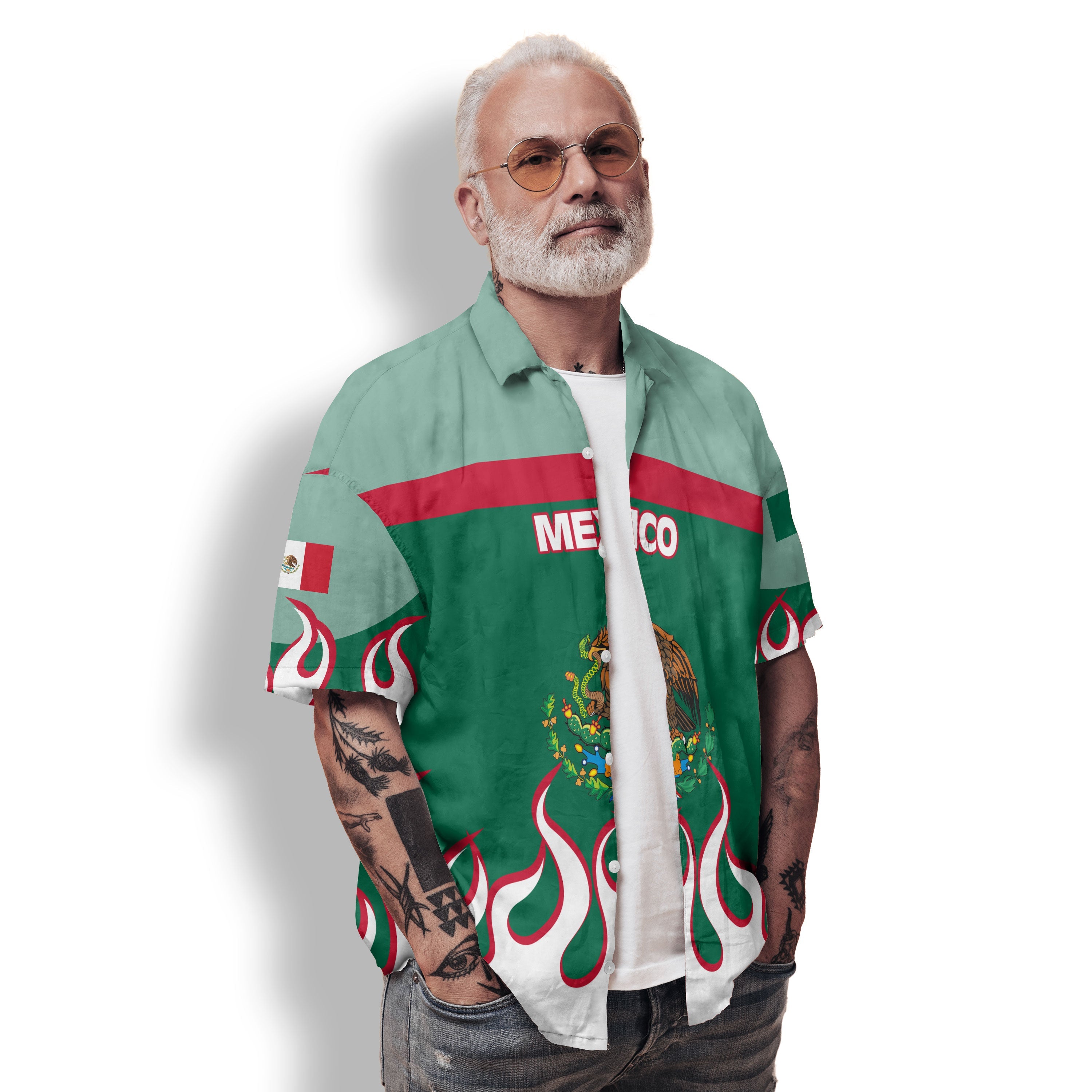 Mexico Hawaiian Shirt Flag & Coat Of Arms Fire Hockey Style