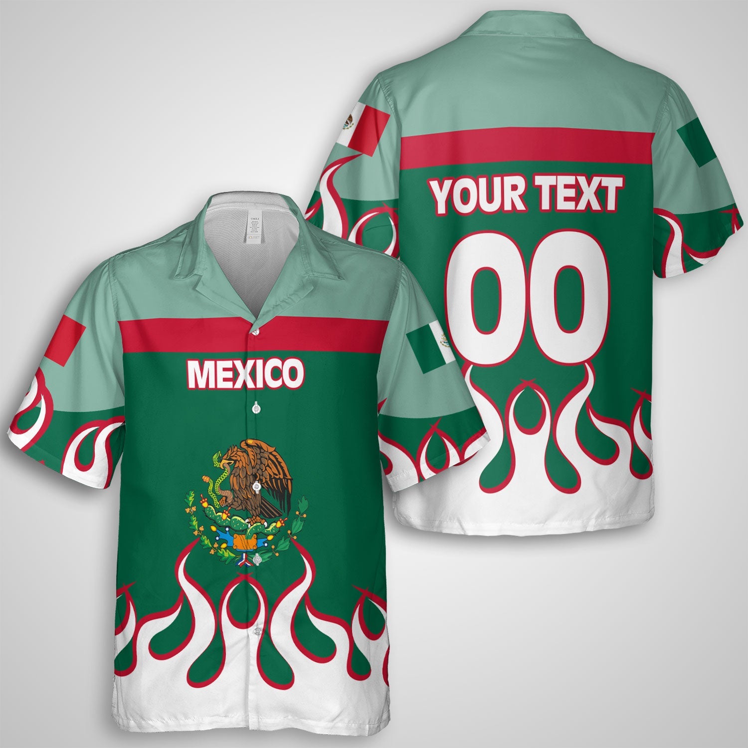 Mexico Hawaiian Shirt Flag & Coat Of Arms Fire Hockey Style