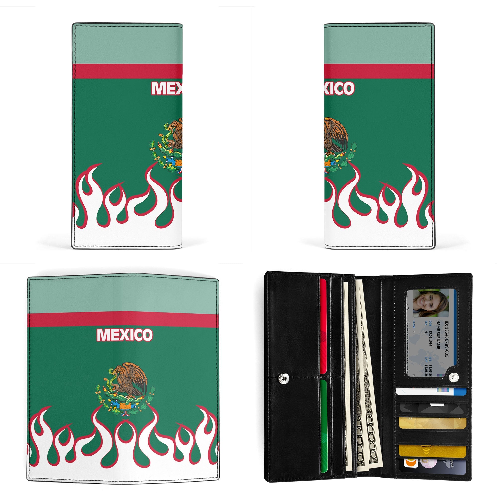 Mexico Leather Wallet Flag & Coat Of Arms Fire Hockey Style