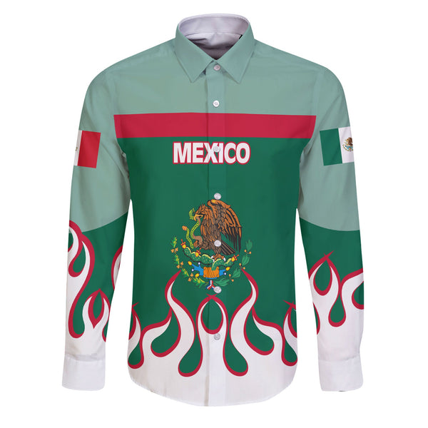 Mexico Long Sleeve Button Shirt Flag & Coat Of Arms Fire Hockey Style