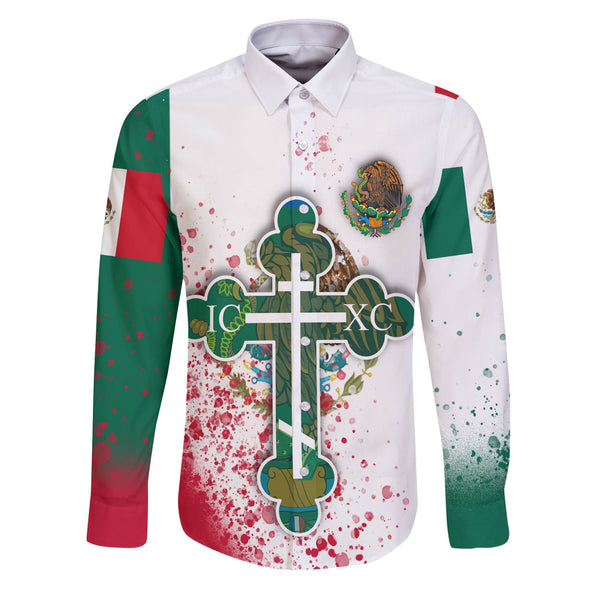 Mexico Long Sleeve Button Shirt Flag & Coat Of Arms Orthodox Style