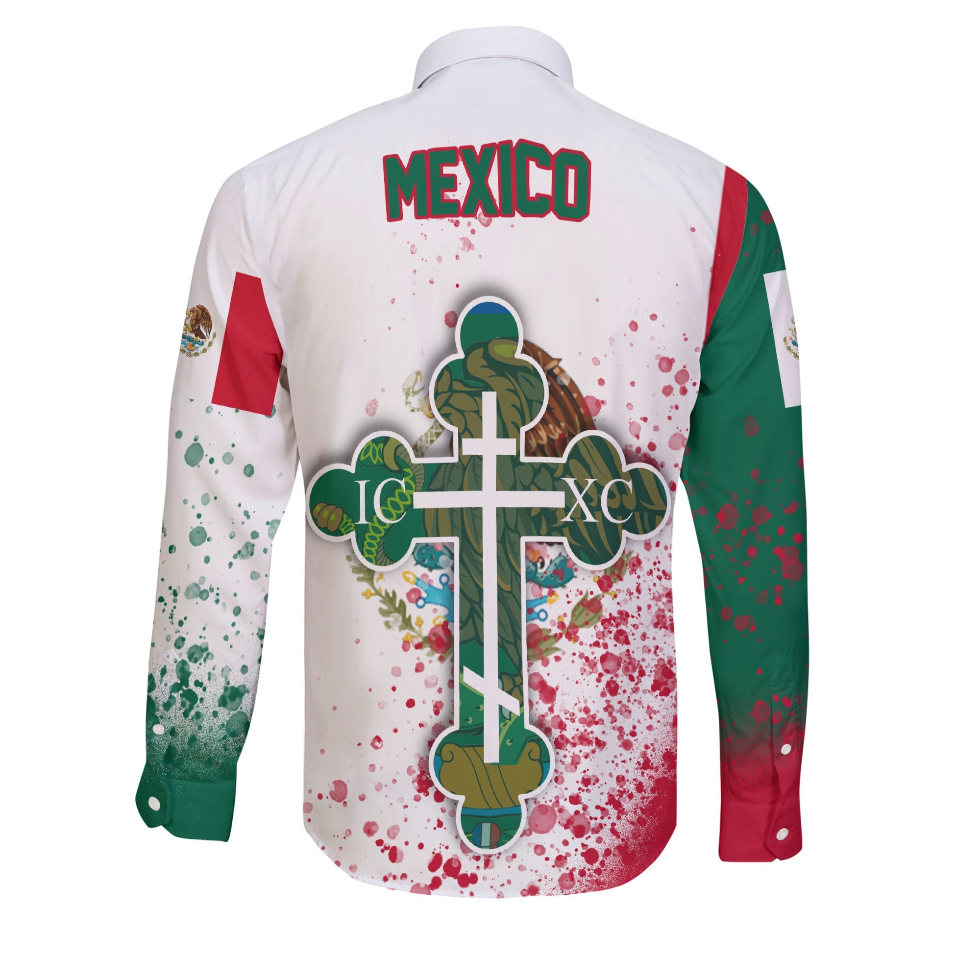 Mexico Long Sleeve Button Shirt Flag & Coat Of Arms Orthodox Style