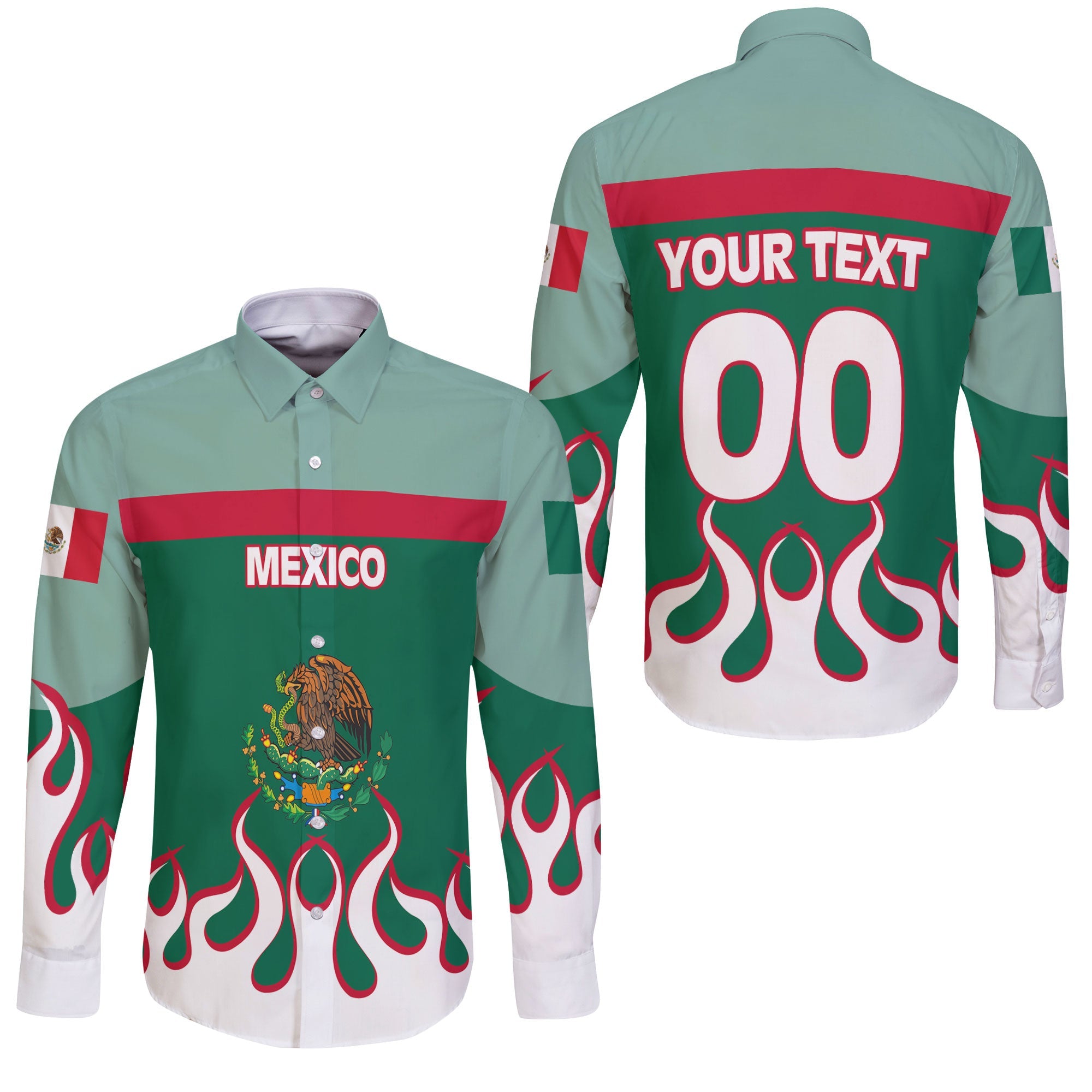 Mexico Long Sleeve Button Shirt Flag & Coat Of Arms Fire Hockey Style