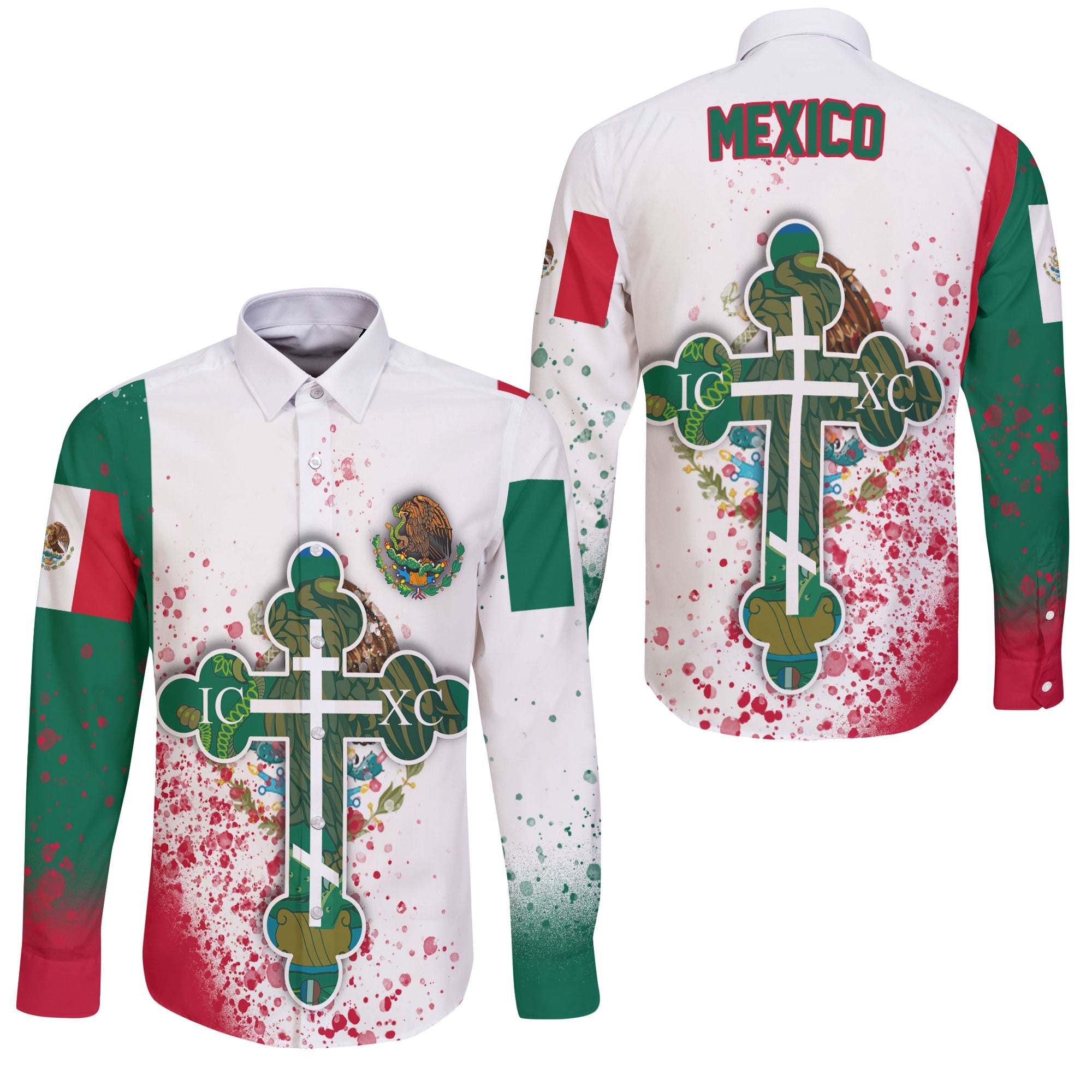 Mexico Long Sleeve Button Shirt Flag & Coat Of Arms Orthodox Style