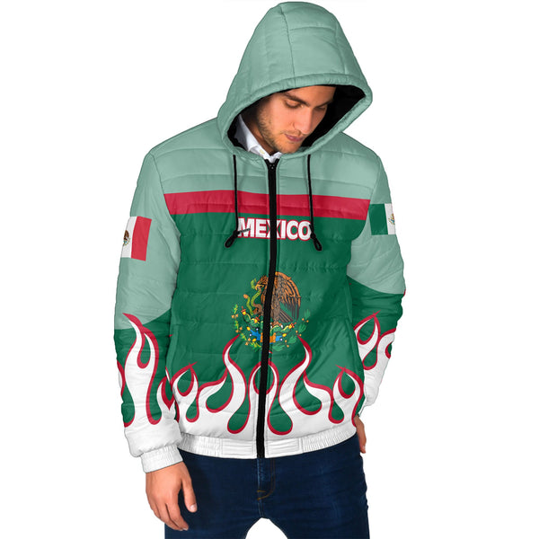 Mexico Men Hooded Padded Jacket Flag & Coat Of Arms Fire Hockey Style