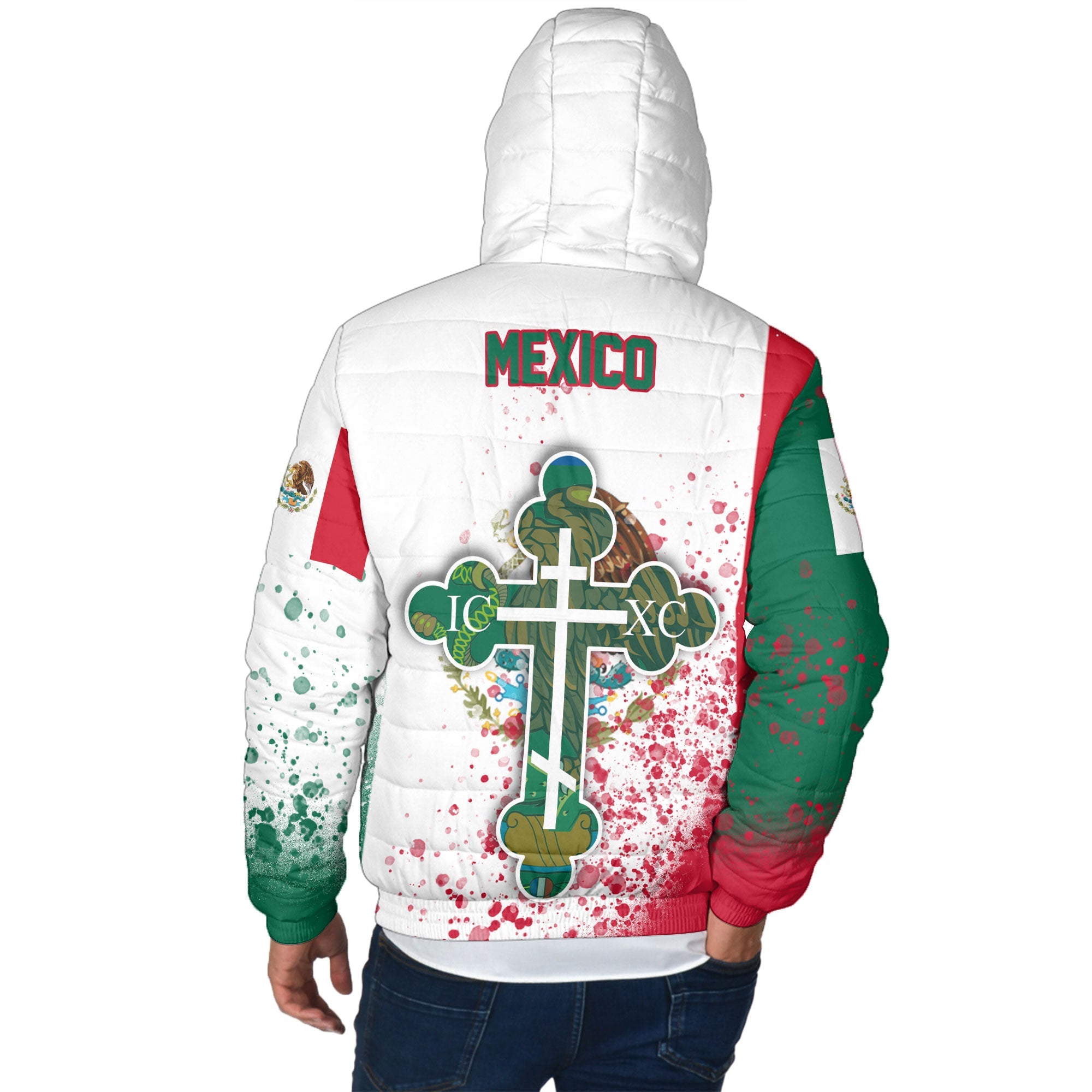 Mexico Men Hooded Padded Jacket Flag & Coat Of Arms Orthodox Style