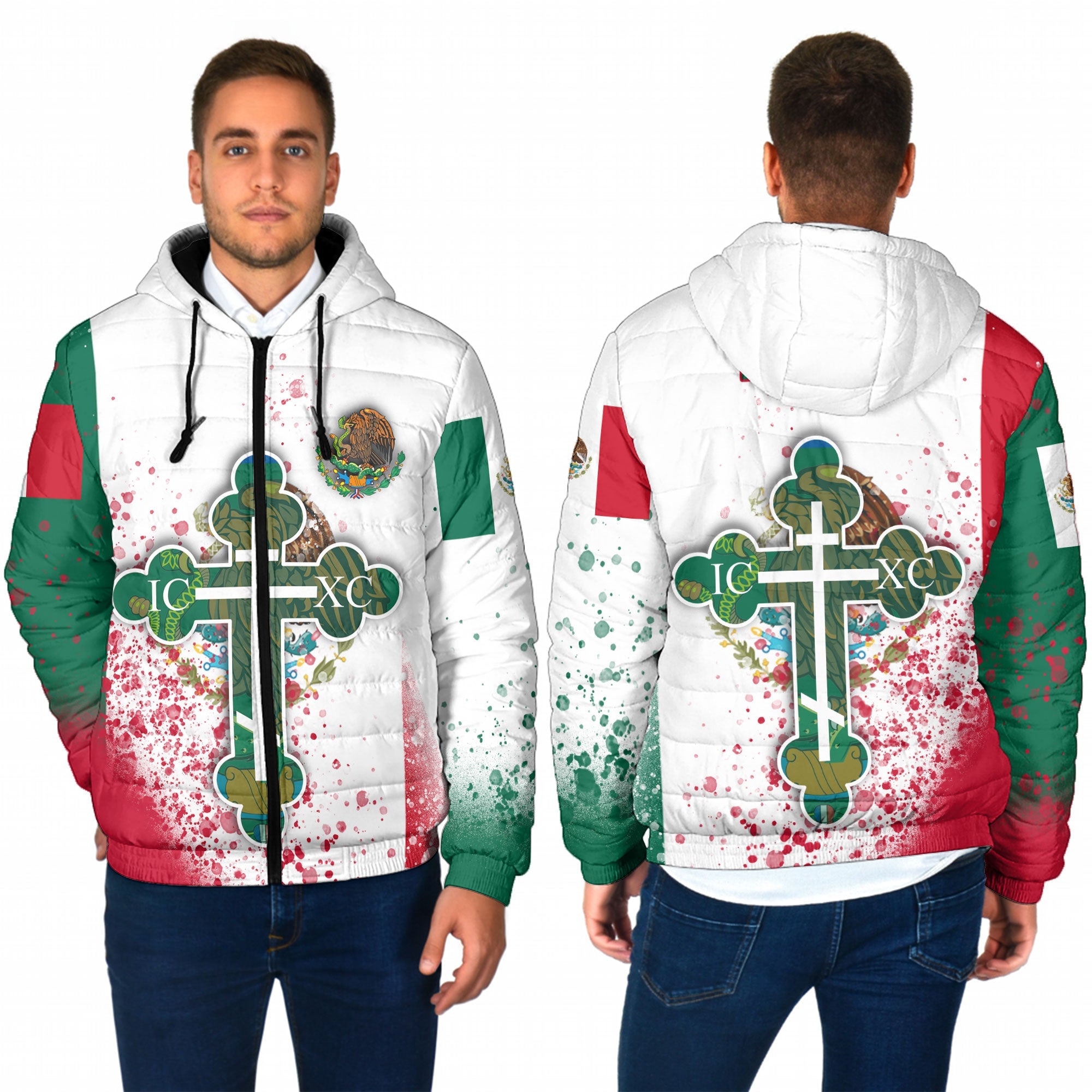 Mexico Men Hooded Padded Jacket Flag & Coat Of Arms Orthodox Style