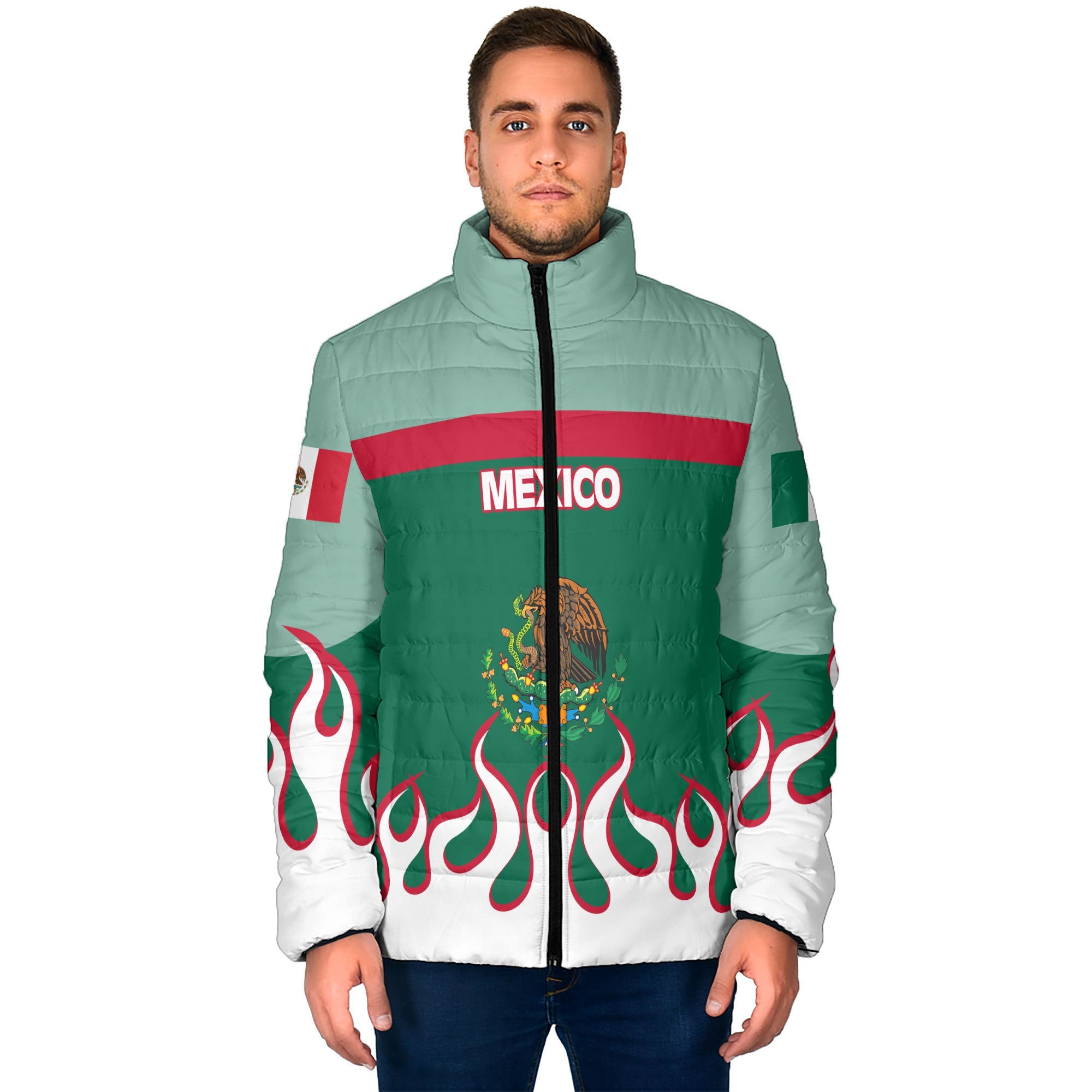 Mexico Men Padded Jacket Flag & Coat Of Arms Fire Hockey Style