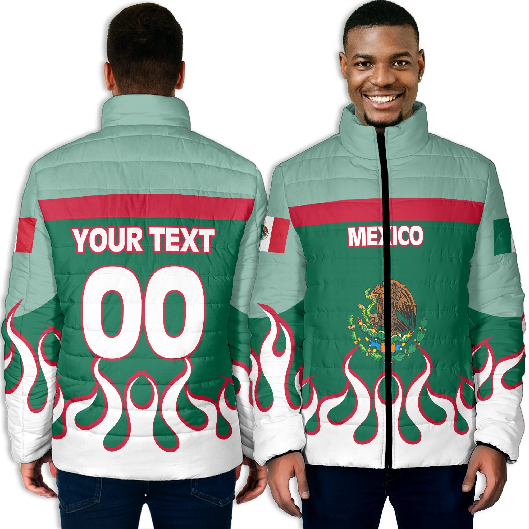 Mexico Men Padded Jacket Flag & Coat Of Arms Fire Hockey Style