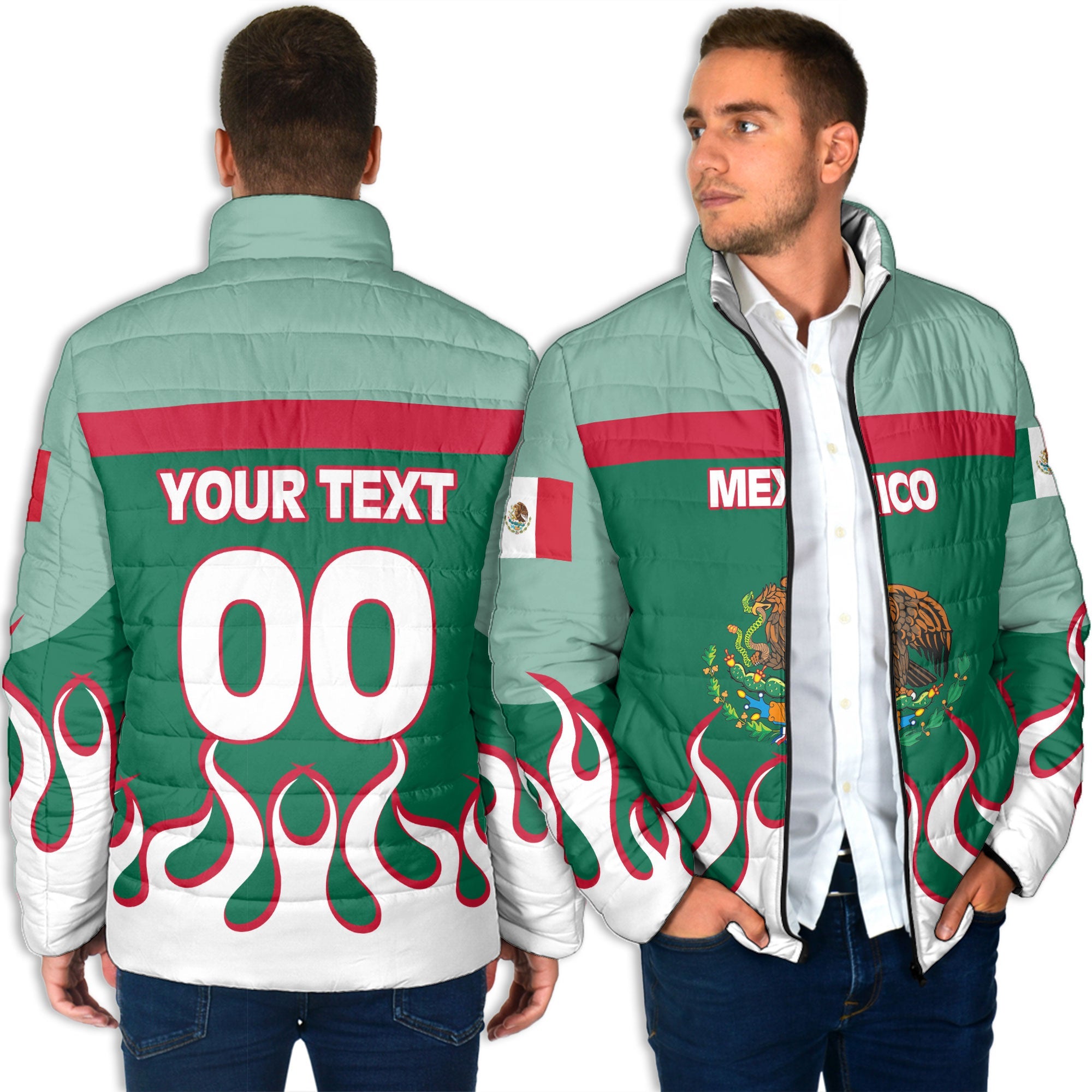 Mexico Men Padded Jacket Flag & Coat Of Arms Fire Hockey Style