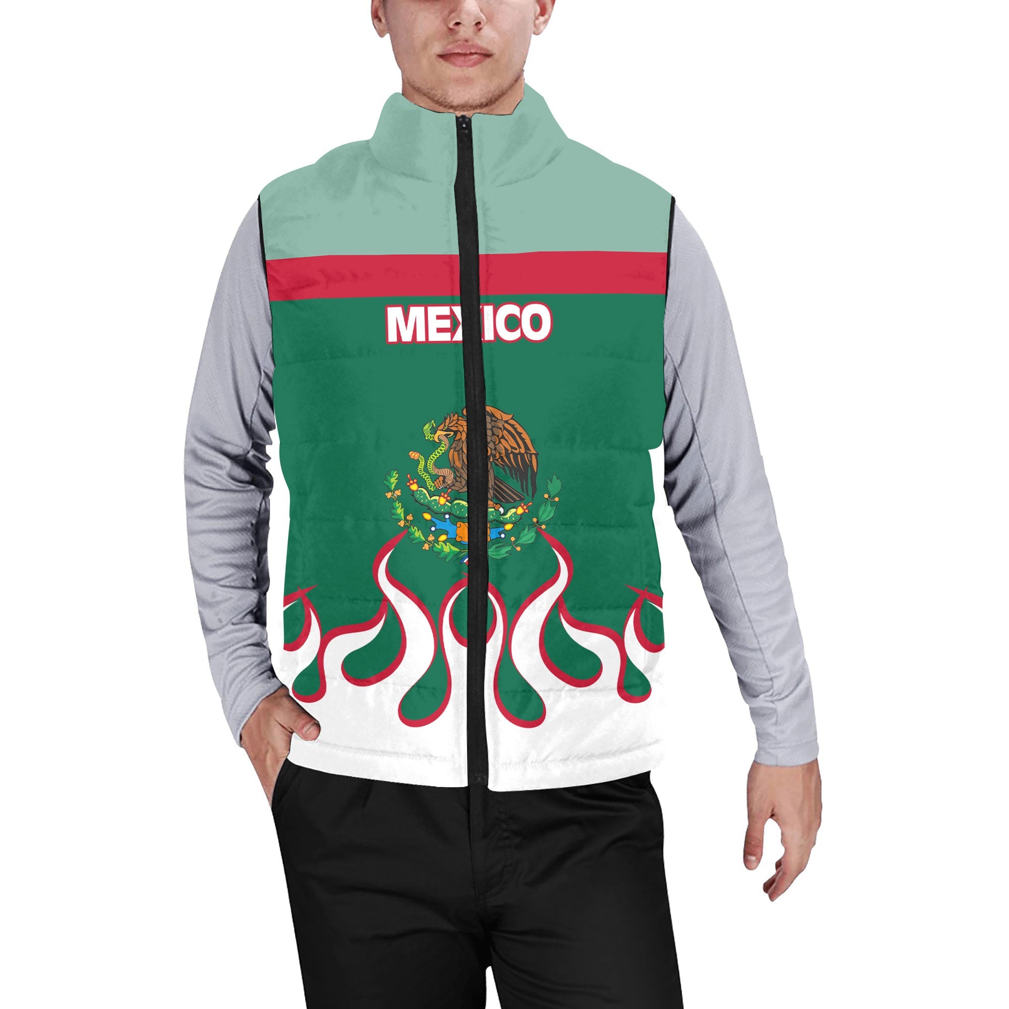 Mexico Men Padded Jacket Vest Flag & Coat Of Arms Fire Hockey Style