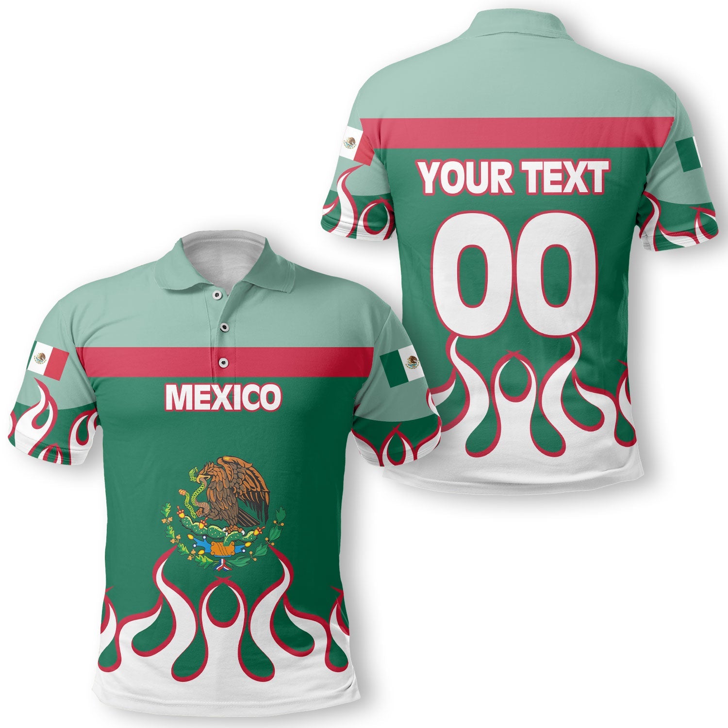 Mexico Polo Shirt Flag & Coat Of Arms Fire Hockey Style