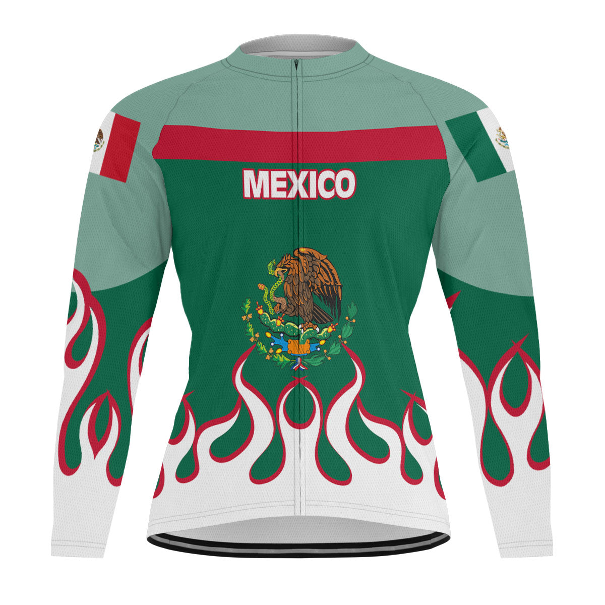 Mexico Men's Cycling Jersey Long Sleeve Flag & Coat Of Arms Fire Hockey Style