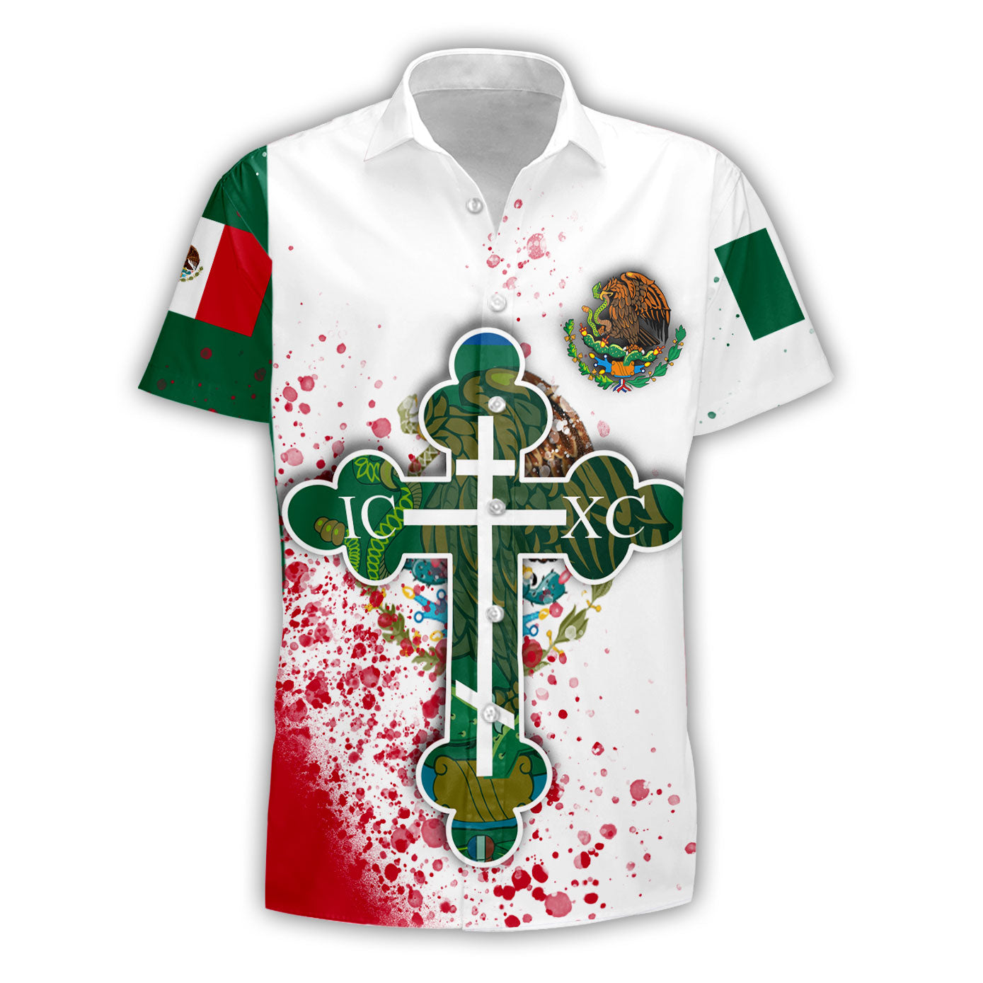 Mexico Short Sleeve Shirt Flag & Coat Of Arms Orthodox Style