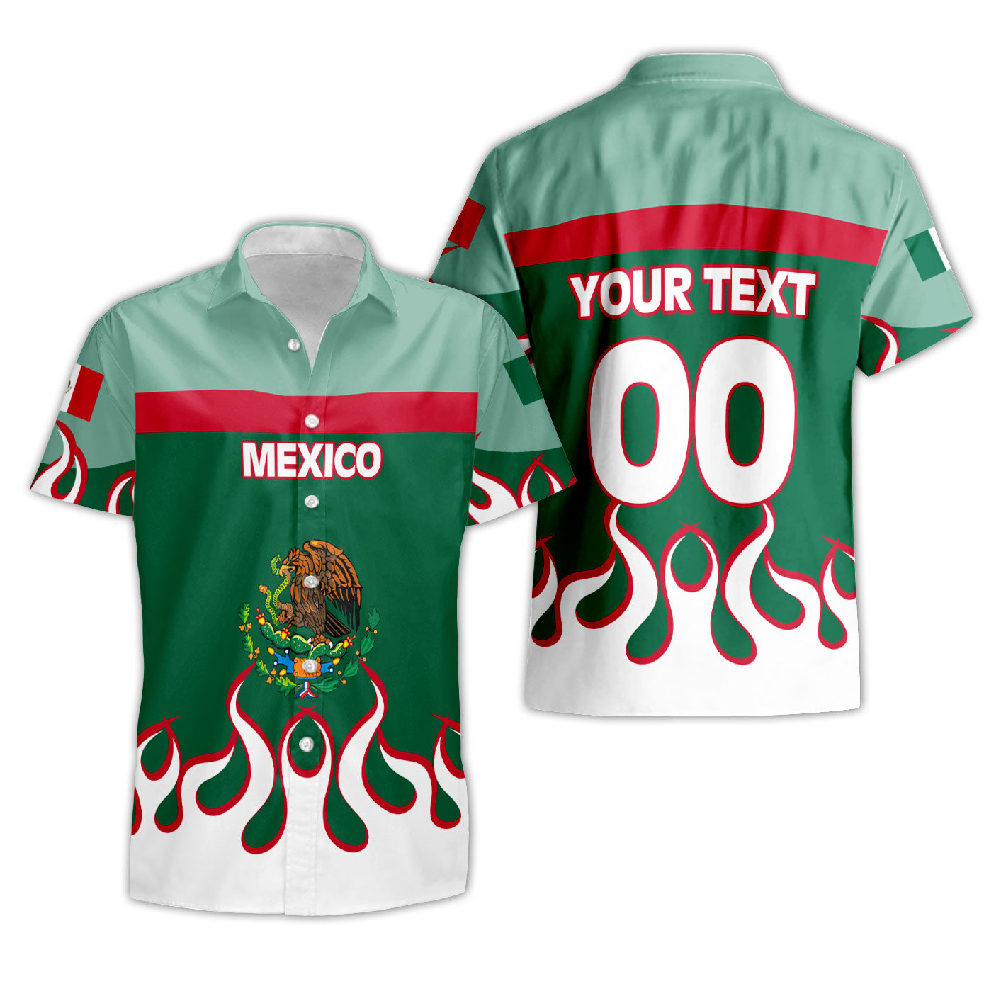 Mexico Short Sleeve Shirt Flag & Coat Of Arms Fire Hockey Style