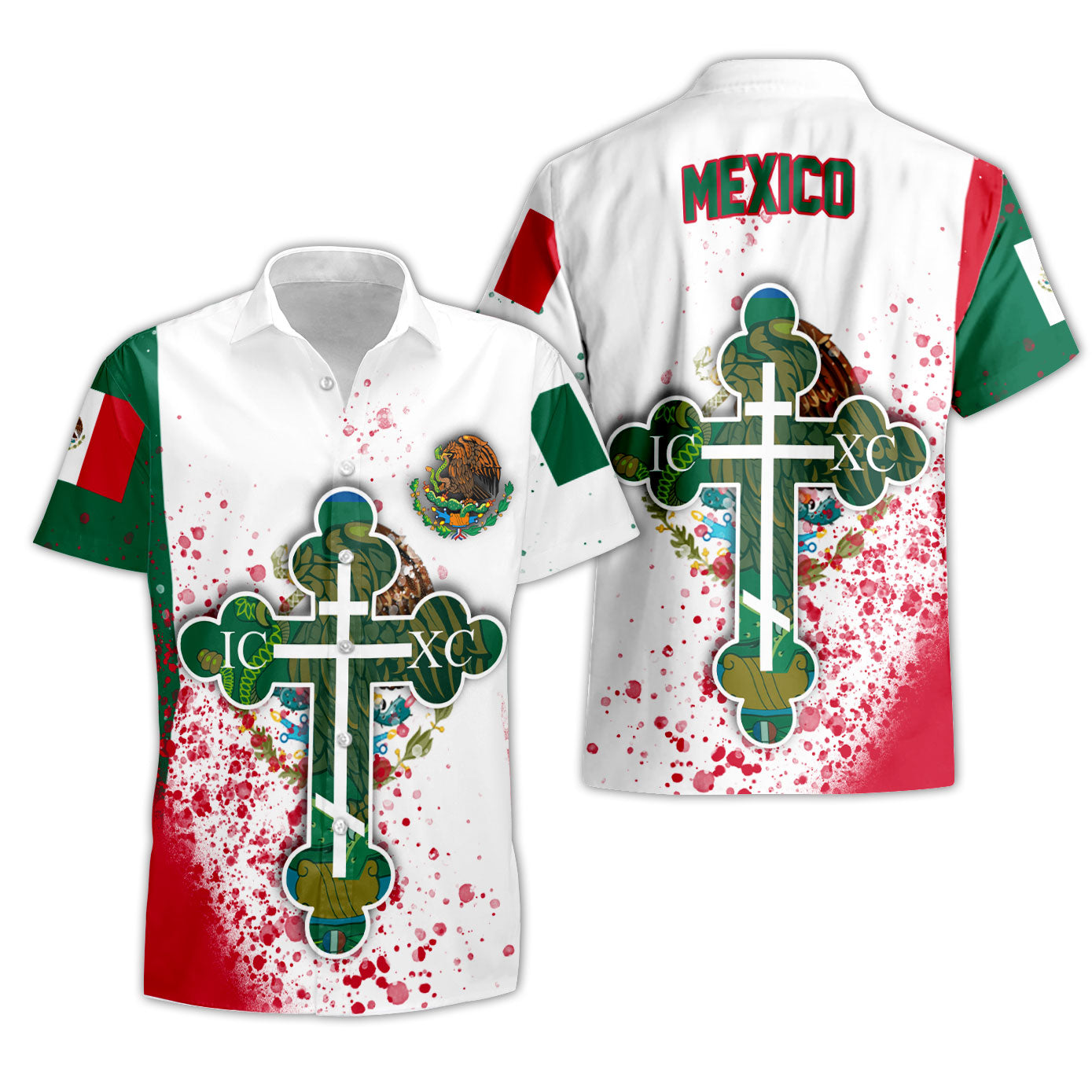 Mexico Short Sleeve Shirt Flag & Coat Of Arms Orthodox Style