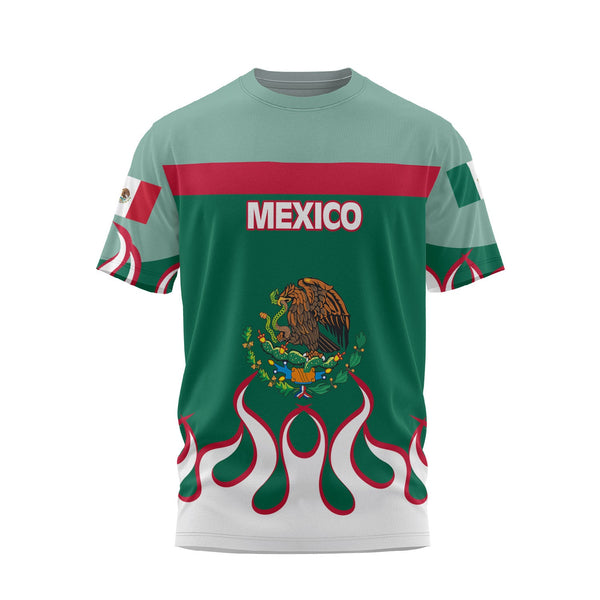 Mexico T Shirt Flag & Coat Of Arms Fire Hockey Style