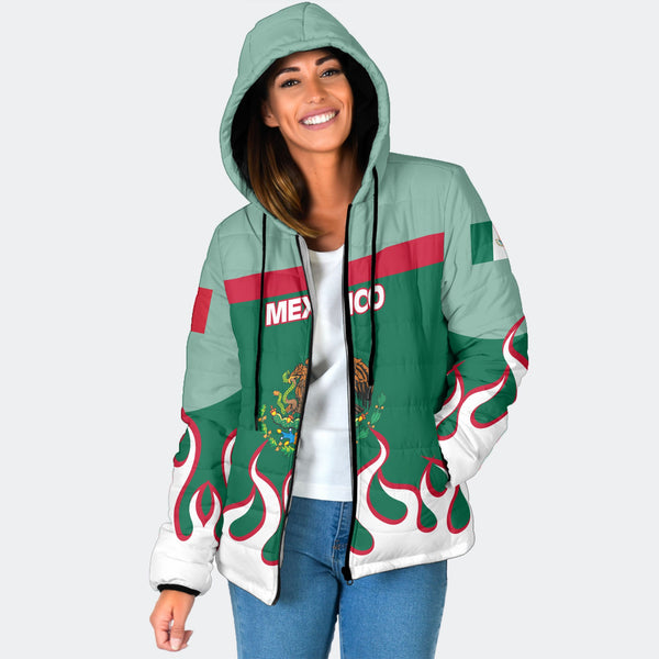 Mexico Women Hooded Padded Jacket Flag & Coat Of Arms Fire Hockey Style