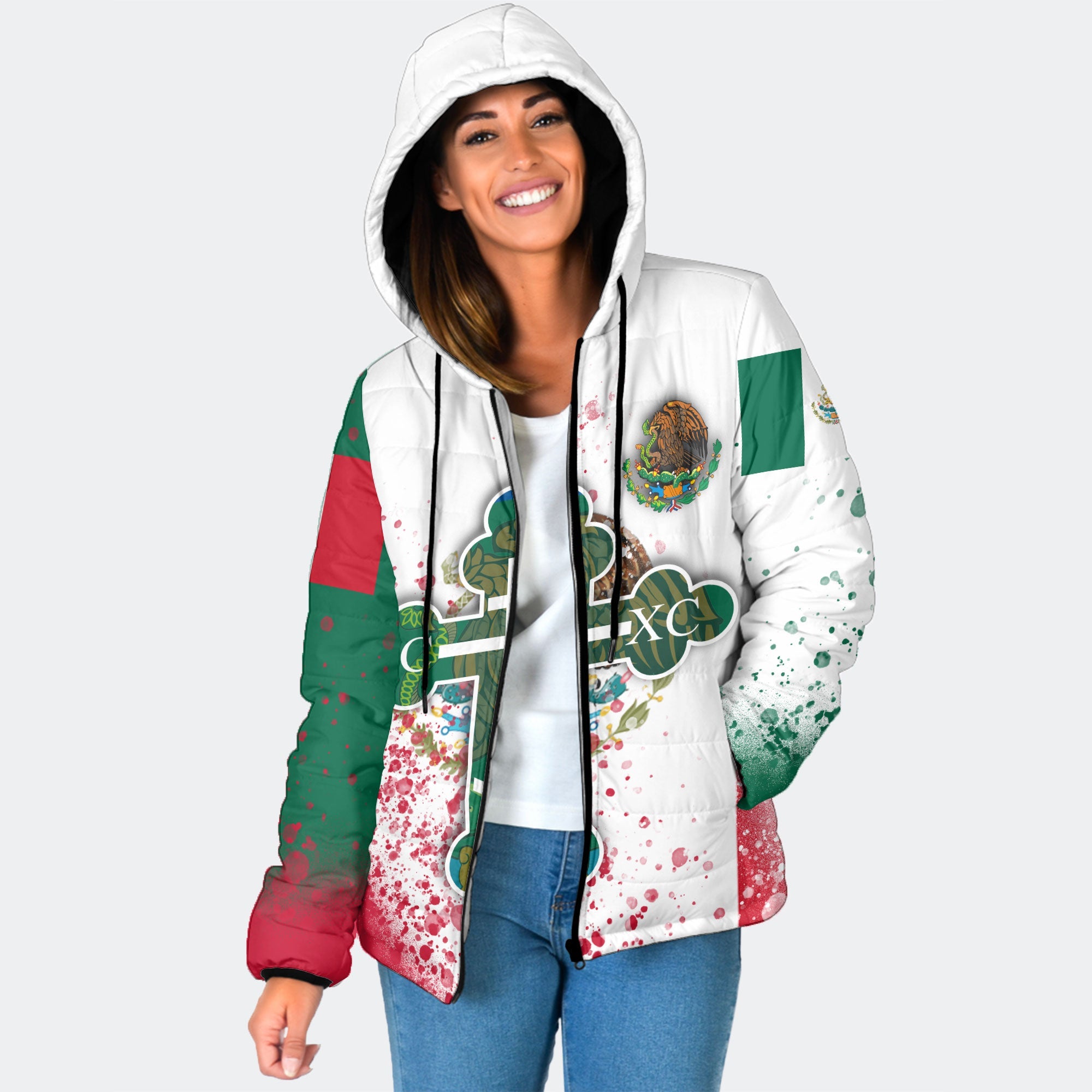 Mexico Women Hooded Padded Jacket Flag & Coat Of Arms Orthodox Style