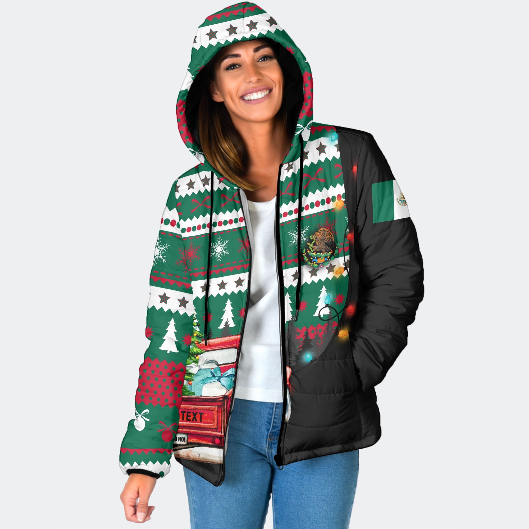 Mexico Women Hooded Padded Jacket Coat Of Arms Christmas Style