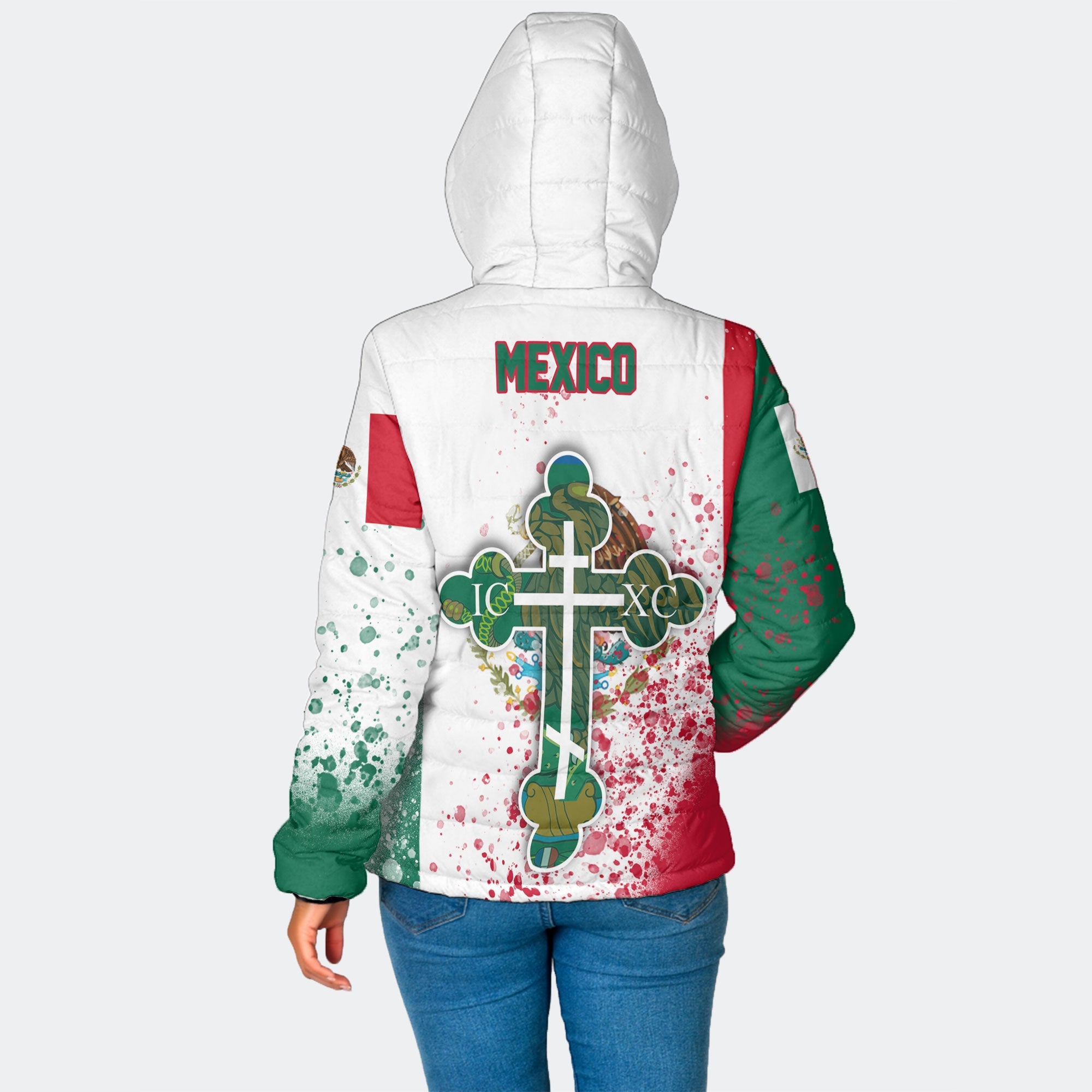 Mexico Women Hooded Padded Jacket Flag & Coat Of Arms Orthodox Style