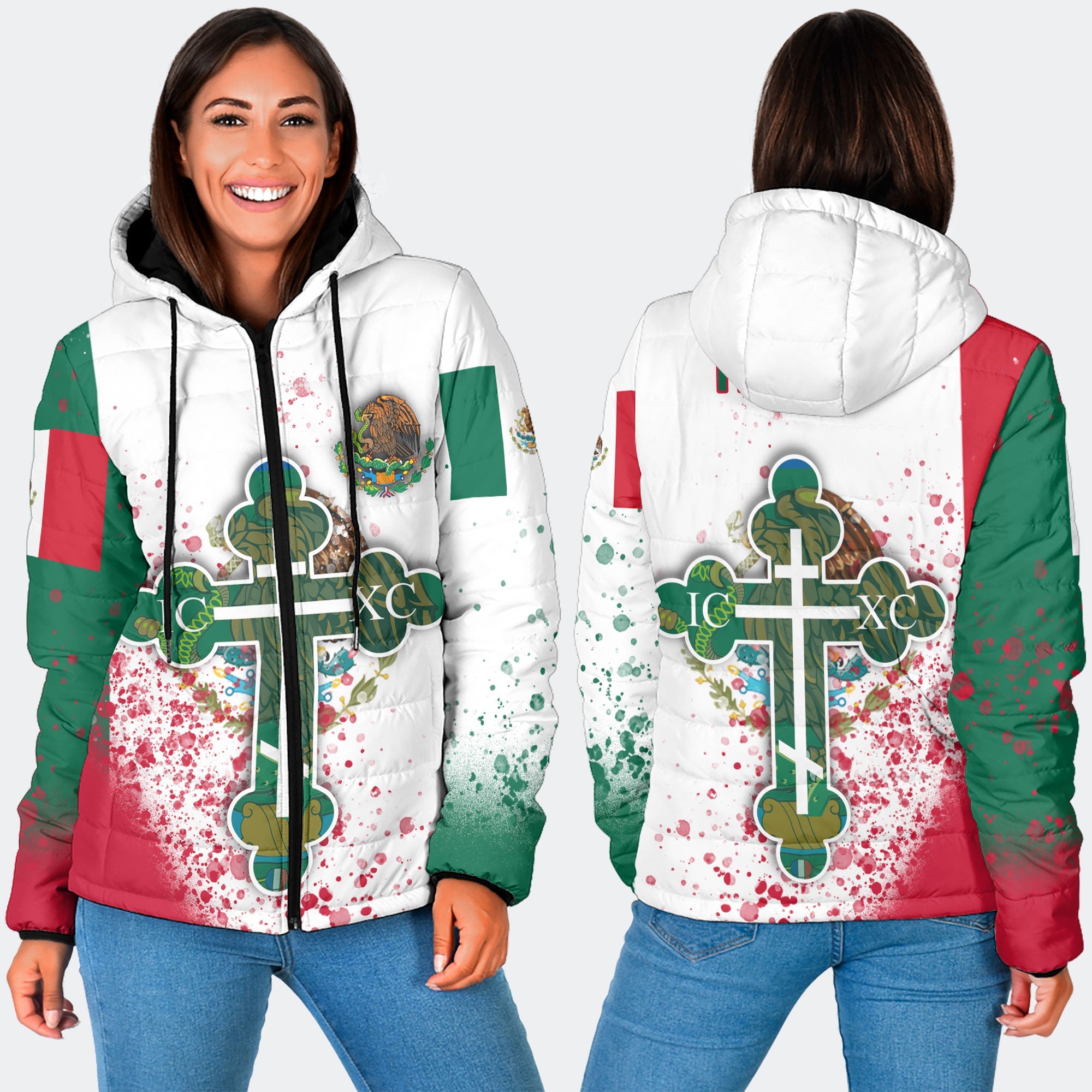 Mexico Women Hooded Padded Jacket Flag & Coat Of Arms Orthodox Style