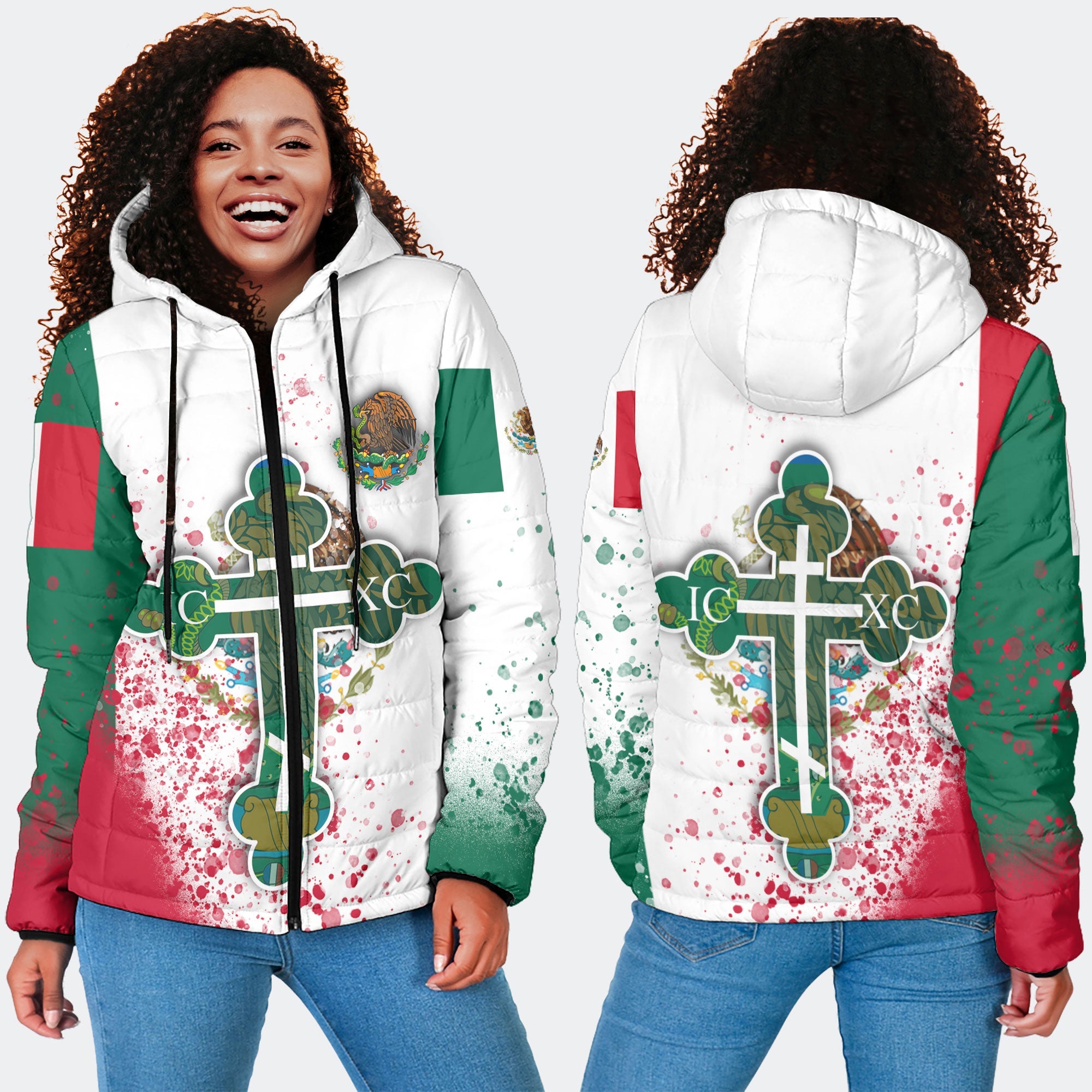 Mexico Women Hooded Padded Jacket Flag & Coat Of Arms Orthodox Style