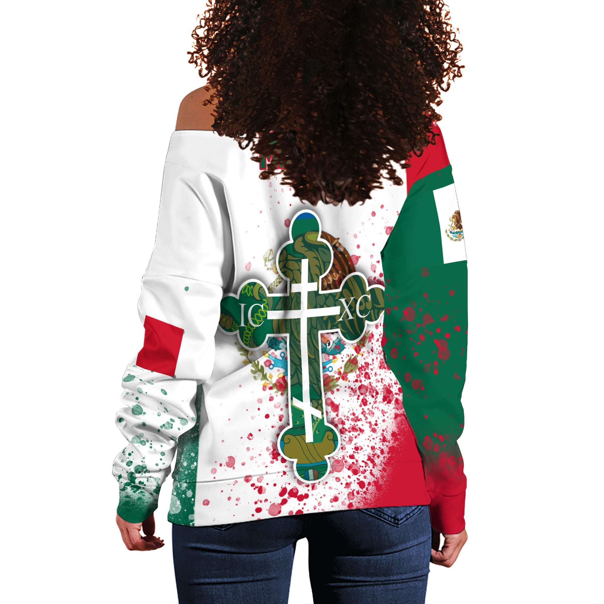 Mexico Women Off Shoulder Sweatshirt Flag & Coat Of Arms Orthodox Style