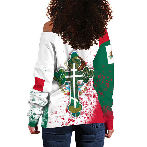 Mexico Women Off Shoulder Sweatshirt Flag & Coat Of Arms Orthodox Style