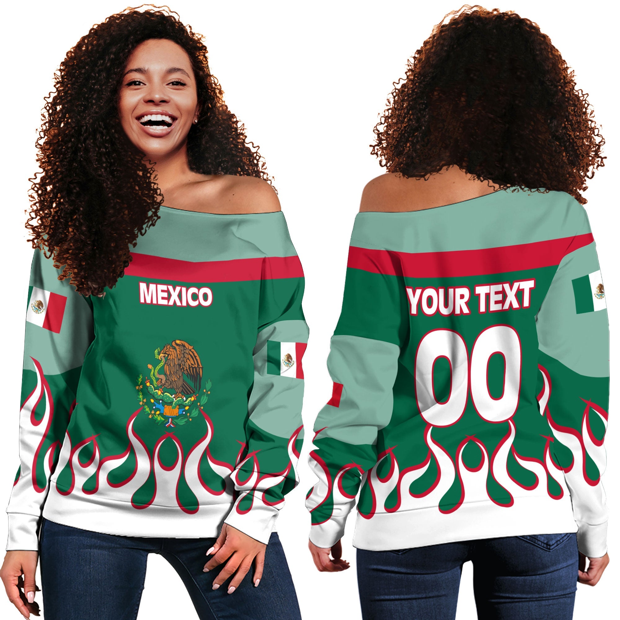 Mexico Women Off Shoulder Sweatshirt Flag & Coat Of Arms Fire Hockey Style