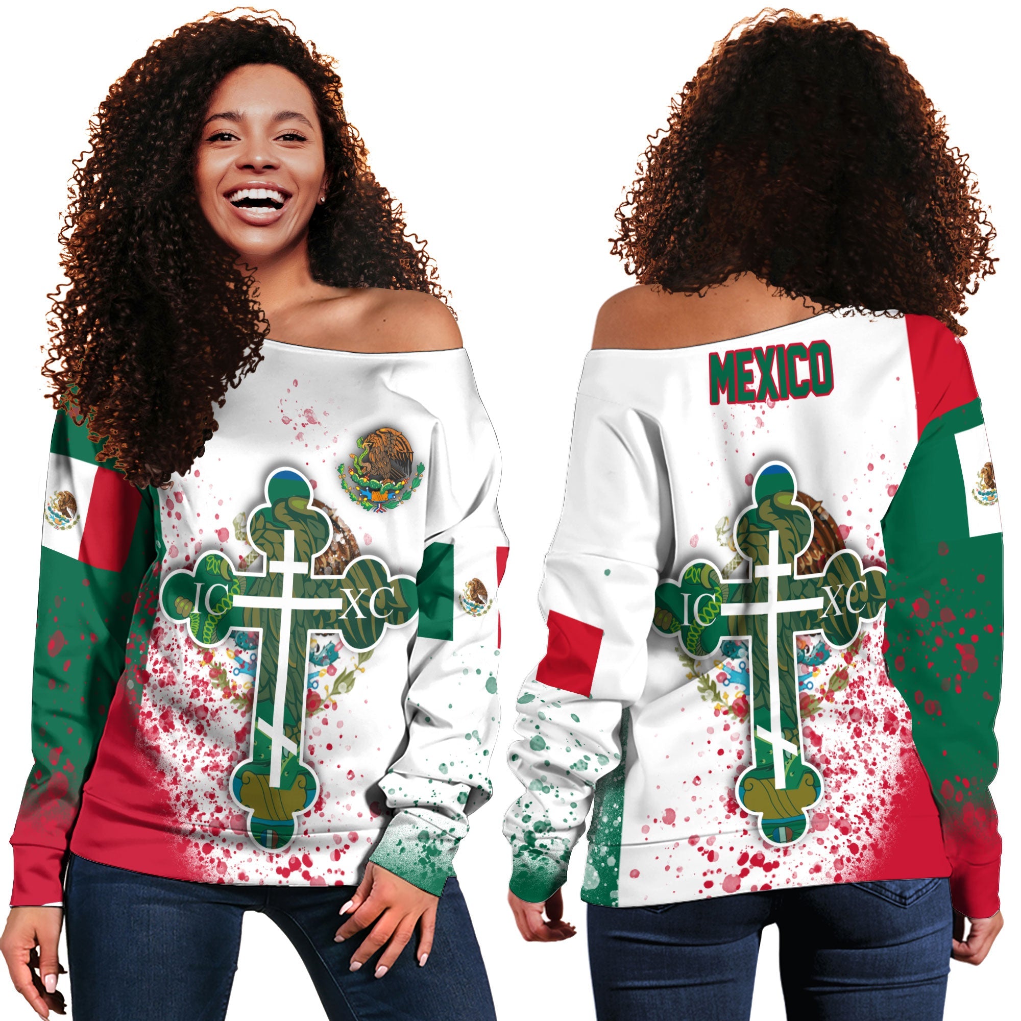 Mexico Women Off Shoulder Sweatshirt Flag & Coat Of Arms Orthodox Style