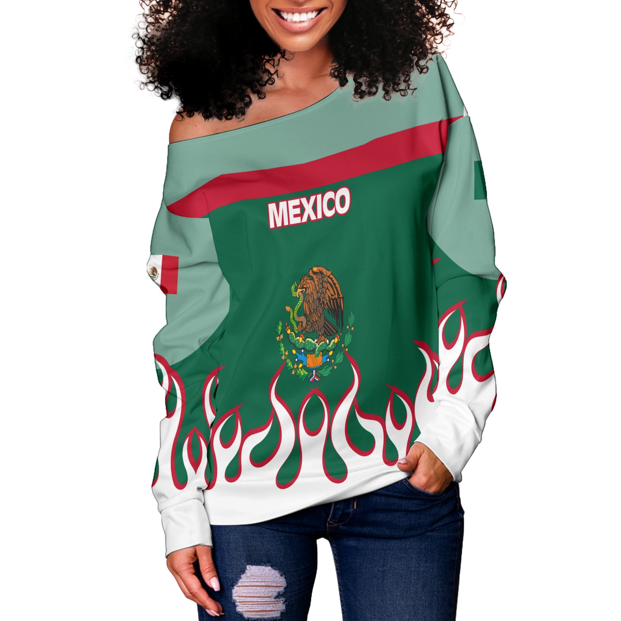 Mexico Women Off Shoulder Sweatshirt Flag & Coat Of Arms Fire Hockey Style