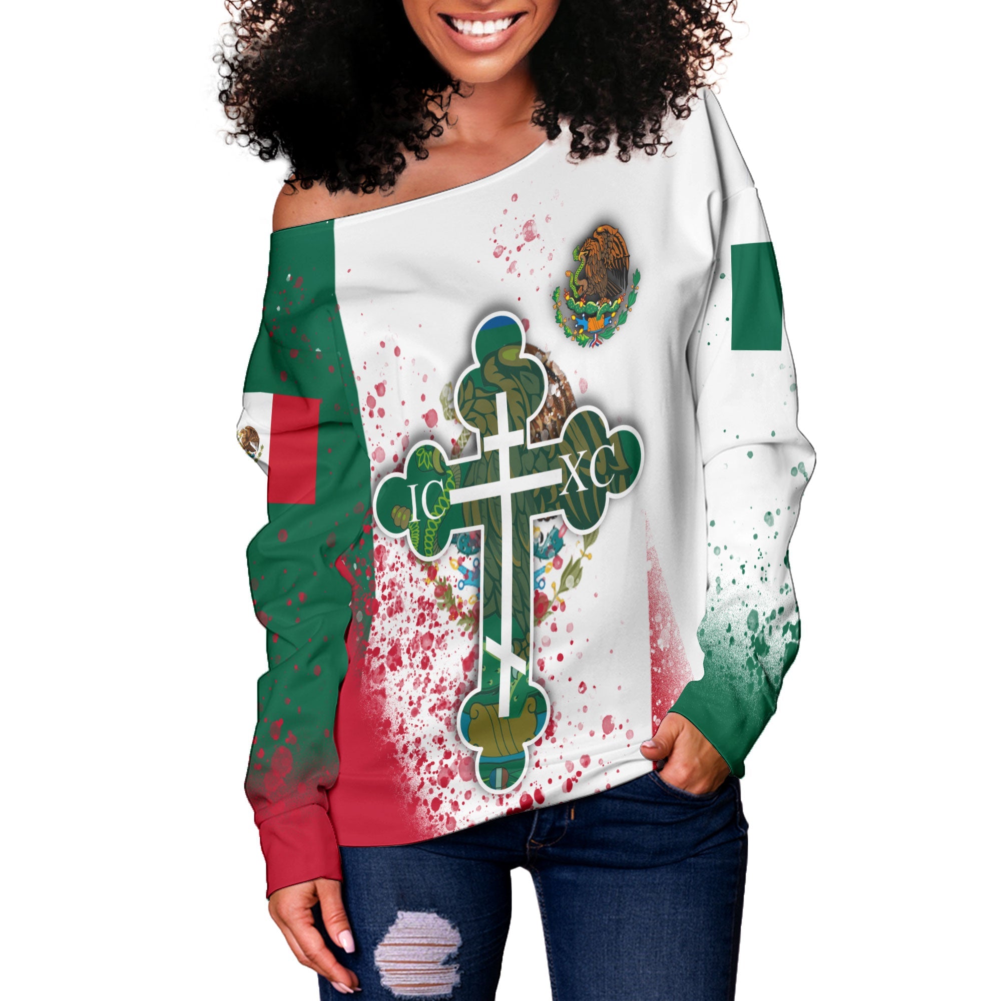 Mexico Women Off Shoulder Sweatshirt Flag & Coat Of Arms Orthodox Style