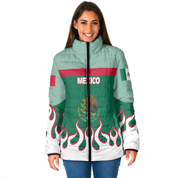 Mexico Women Padded Jacket Flag & Coat Of Arms Fire Hockey Style