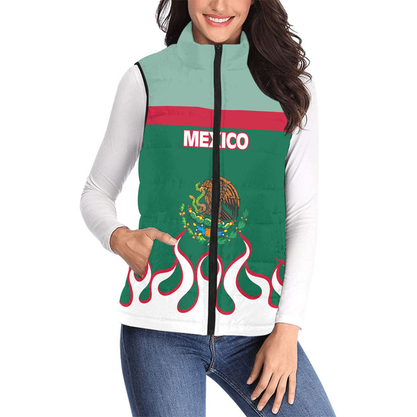 Mexico Women Padded Jacket Vest Flag & Coat Of Arms Fire Hockey Style