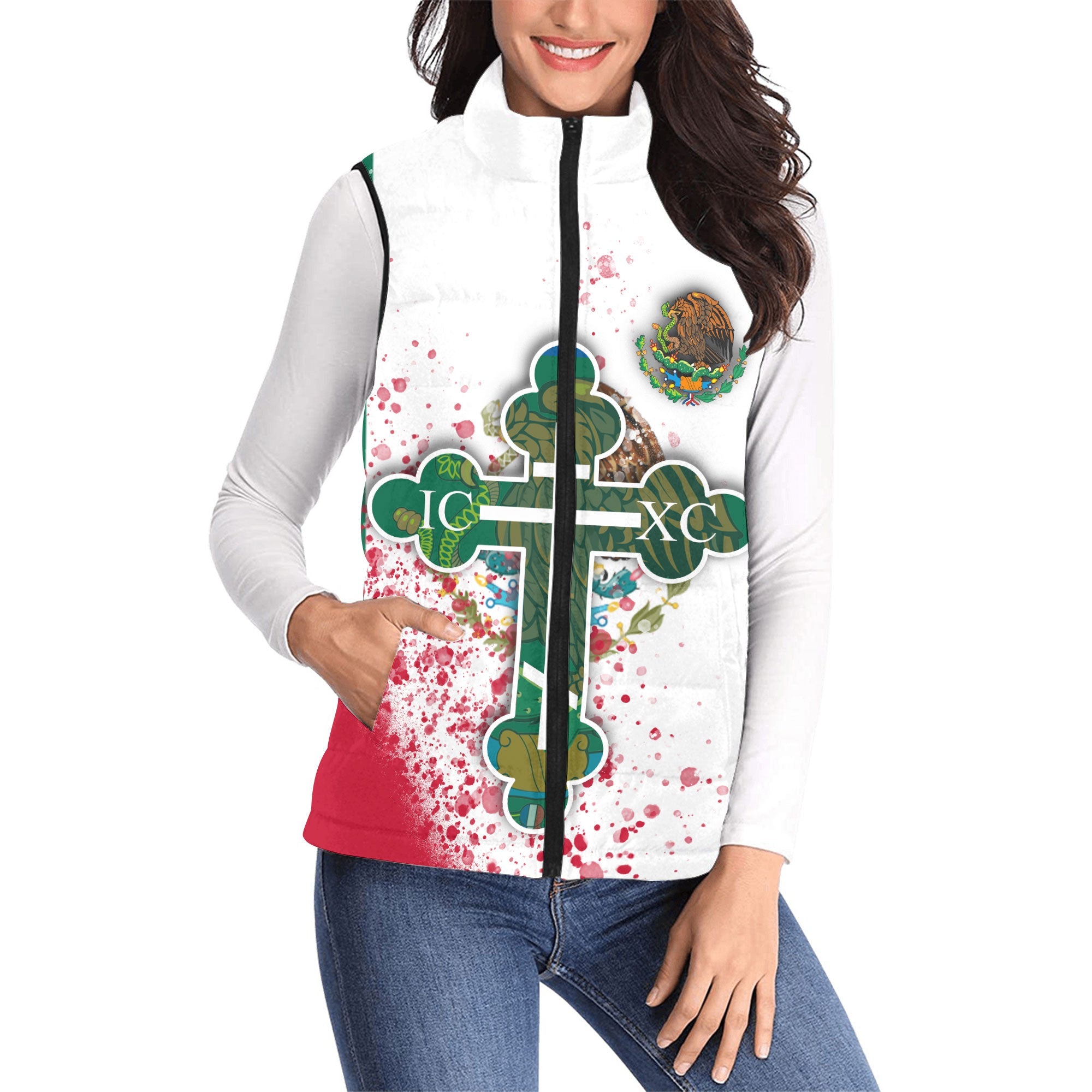 Mexico Women Padded Jacket Vest Flag & Coat Of Arms Orthodox Style